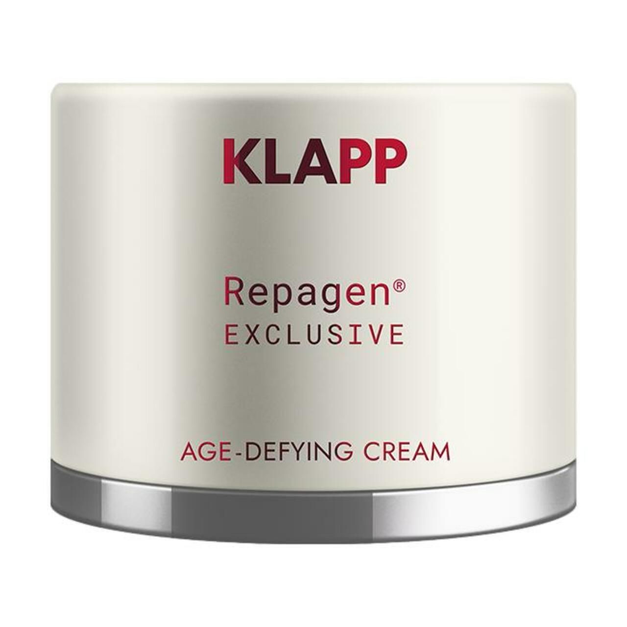 Crèmepot Klapp Repagen Exclusive Global Anti-Age Cream. Opschrift: Klapp, Repagen Exclusive, Age-Defying Cream. Zilveren rand.