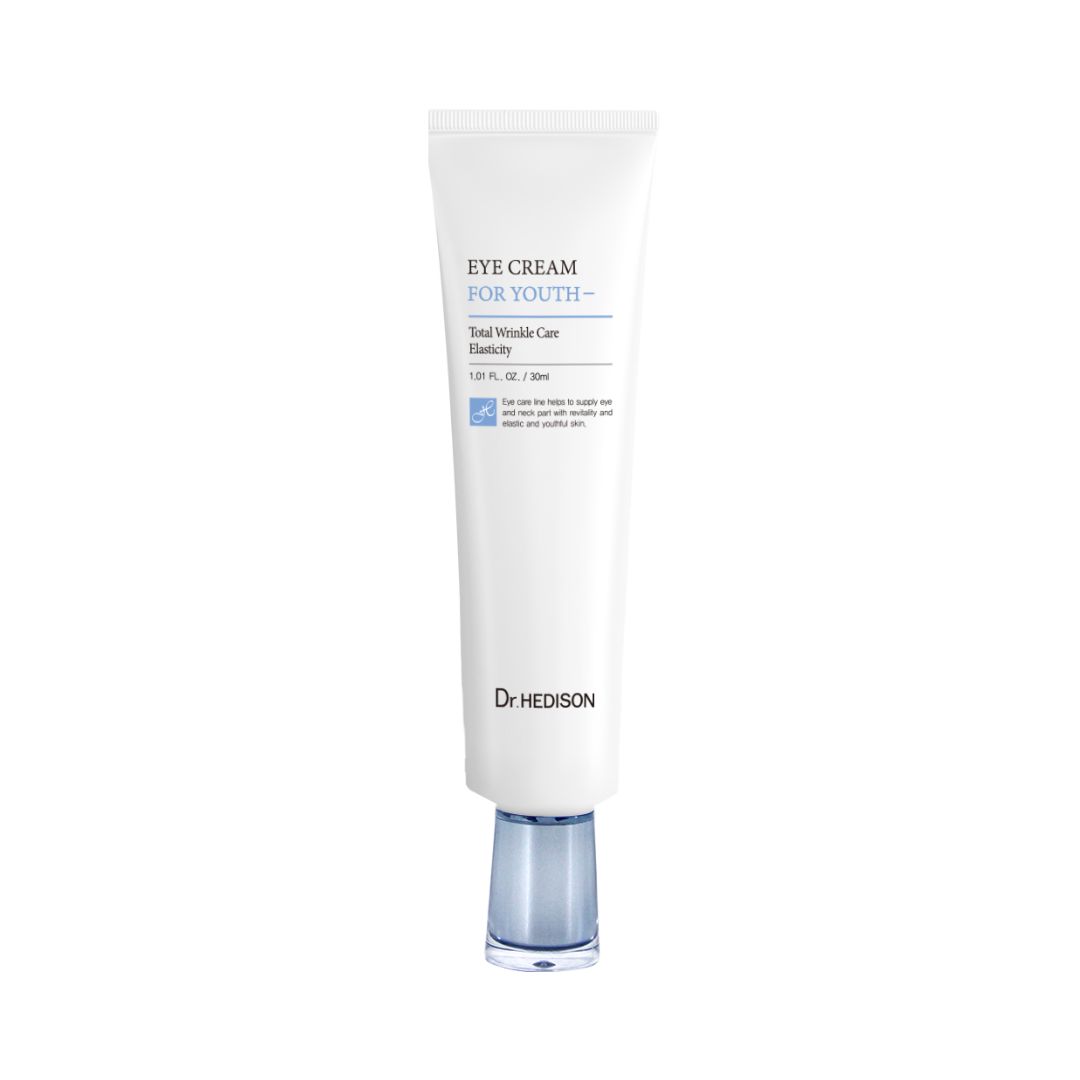 Tube blanche avec bouchon bleu. Inscription : EYE CREAM FOR YOUTH. Marque : Dr. HEDISON. Texte : Total Wrinkle Care, Elasticity.