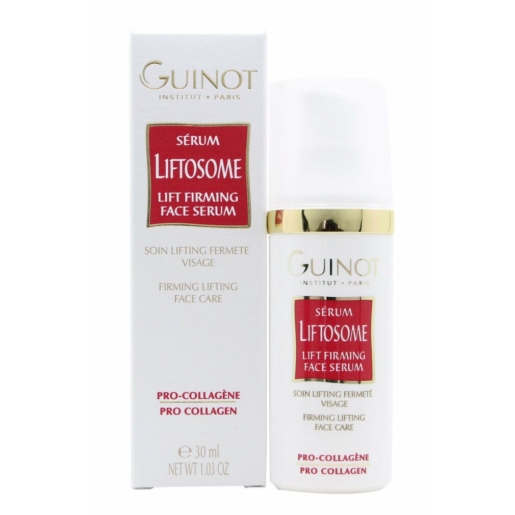 Sérum Liftosome Guinot et emballage. Blanc, rouge et doré. Texte: Sérum Liftosome, Pro-Collagen.