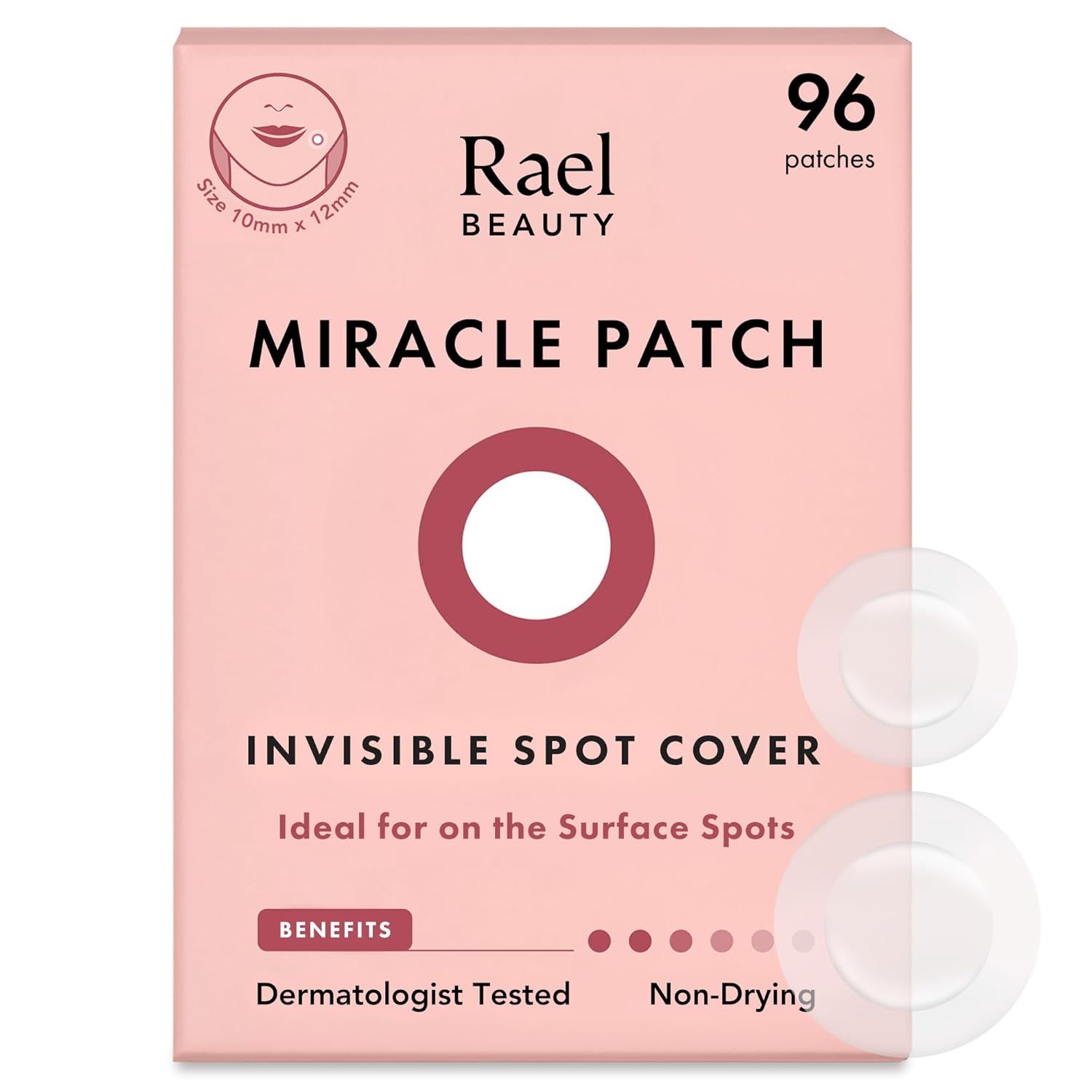 Verpakking met pleisters. Opschrift: Rael Beauty, Miracle Patch, 96 pleisters. Tekst: Invisible Spot Cover, Dermatologisch getest.