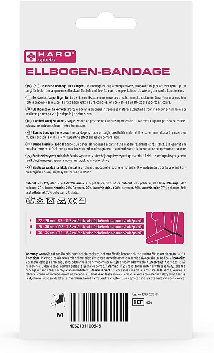 Dos de l'emballage Haro Ellbogenbandage. Texte multilingue. Tailles S, M, L. Composition du matériau.