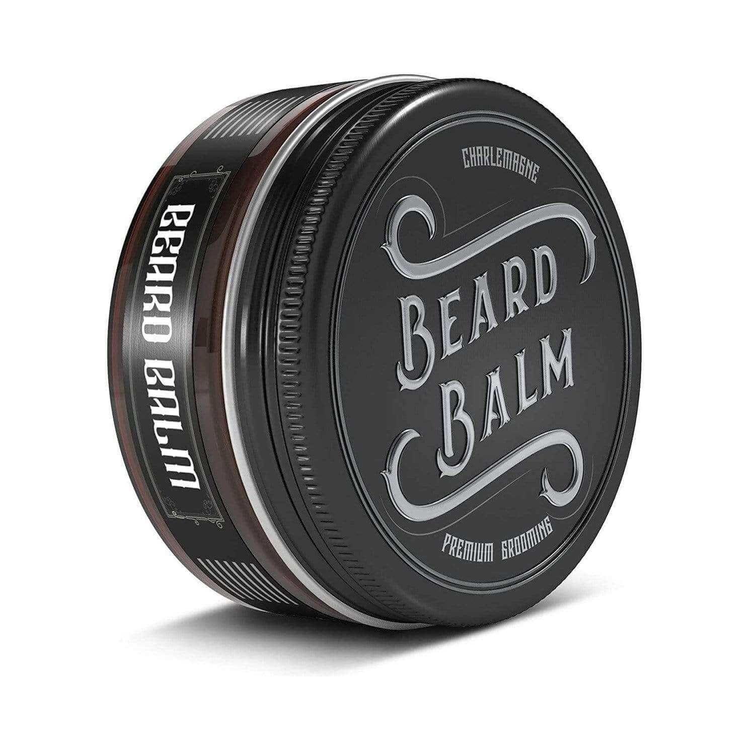 Boîte ronde noire avec inscription argentée BEARD BALM. Sur le côté, BEARD BALM. Premium Grooming.