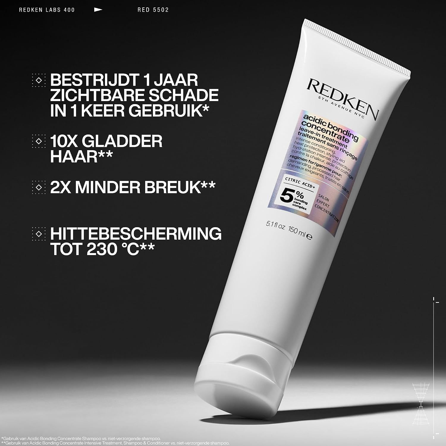 Redken Acidic Bonding Concentrate Leave-In Treatment tube met tekst overlay.