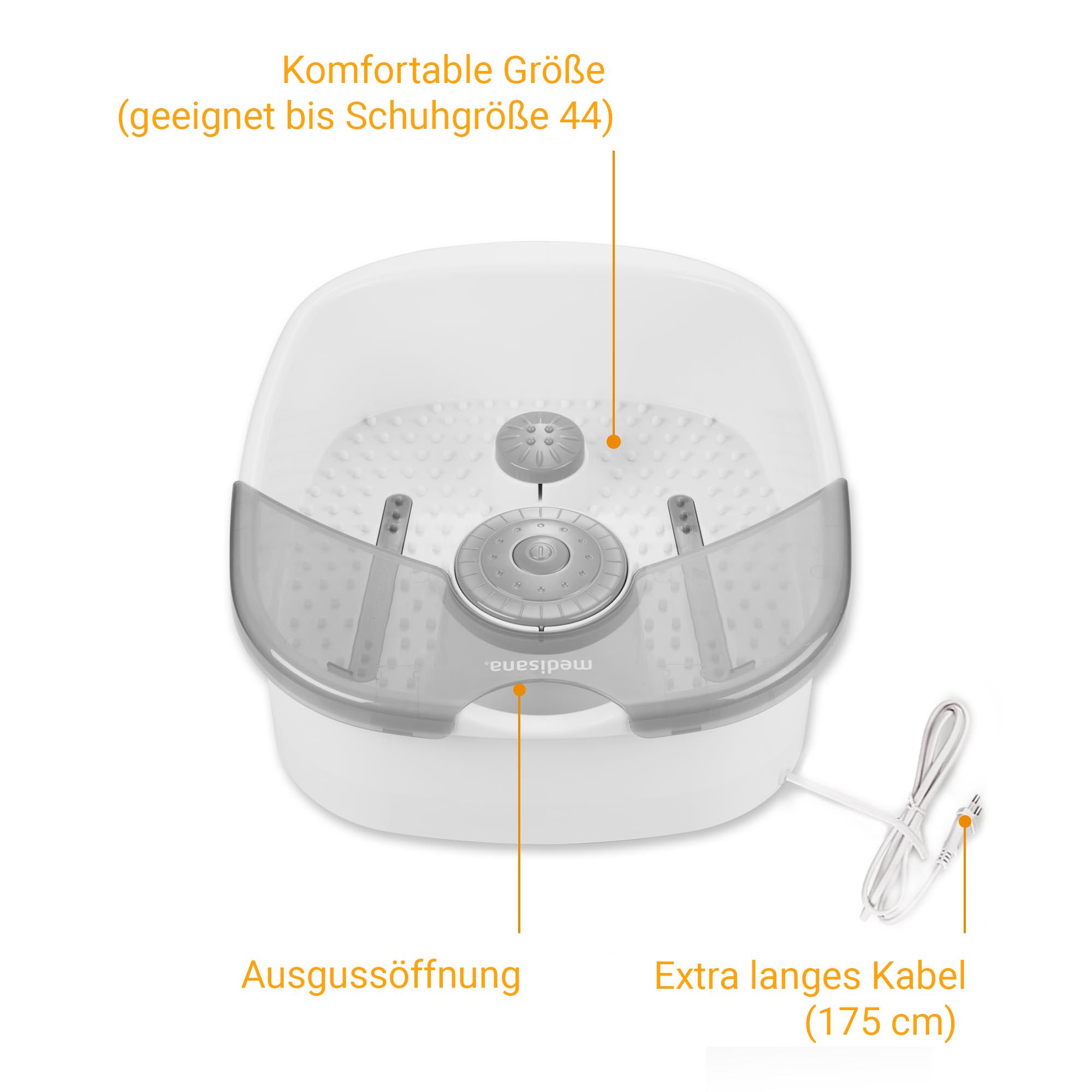 Voetbad met labels voor maat, uitloop en kabel.