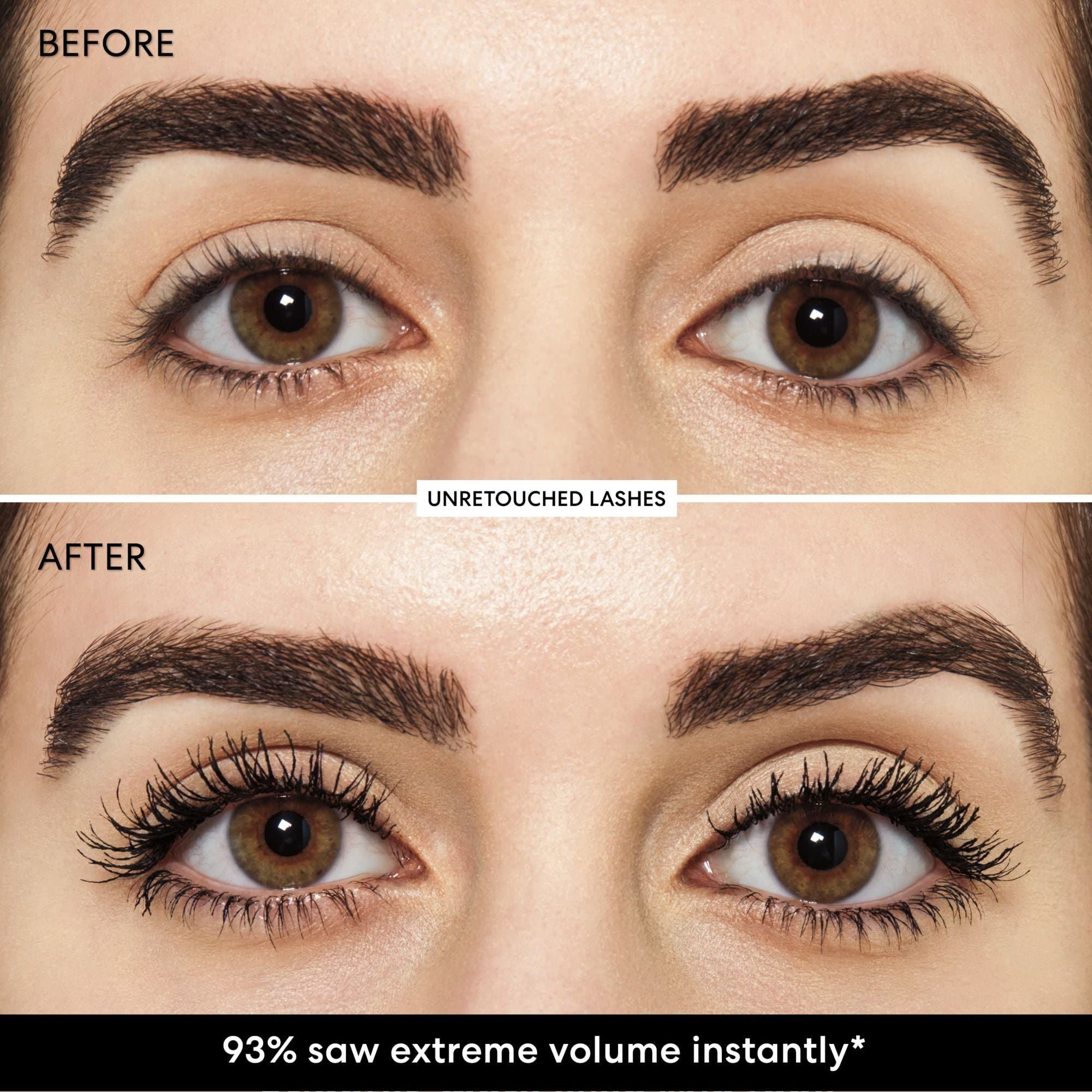 Comparaison avant-après des yeux. Rangée supérieure : cils non maquillés. Rangée inférieure : cils maquillés.