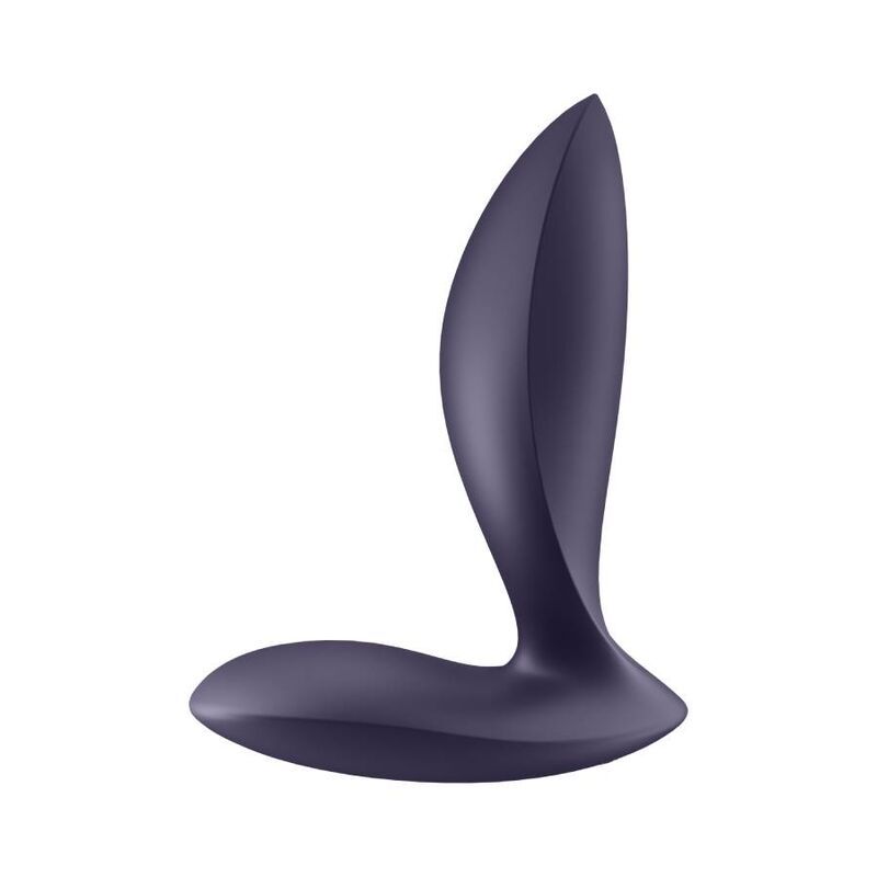 Vibrateur anal violet foncé vu de côté, de forme incurvée avec une base large.