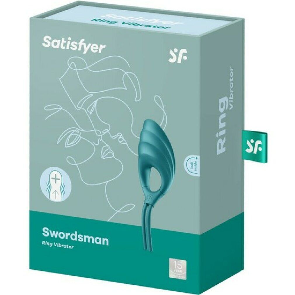 Verpakking met ringvibrator. Tekst: Satisfyer, Swordsman, Ring Vibrator. Afbeelding van het product.