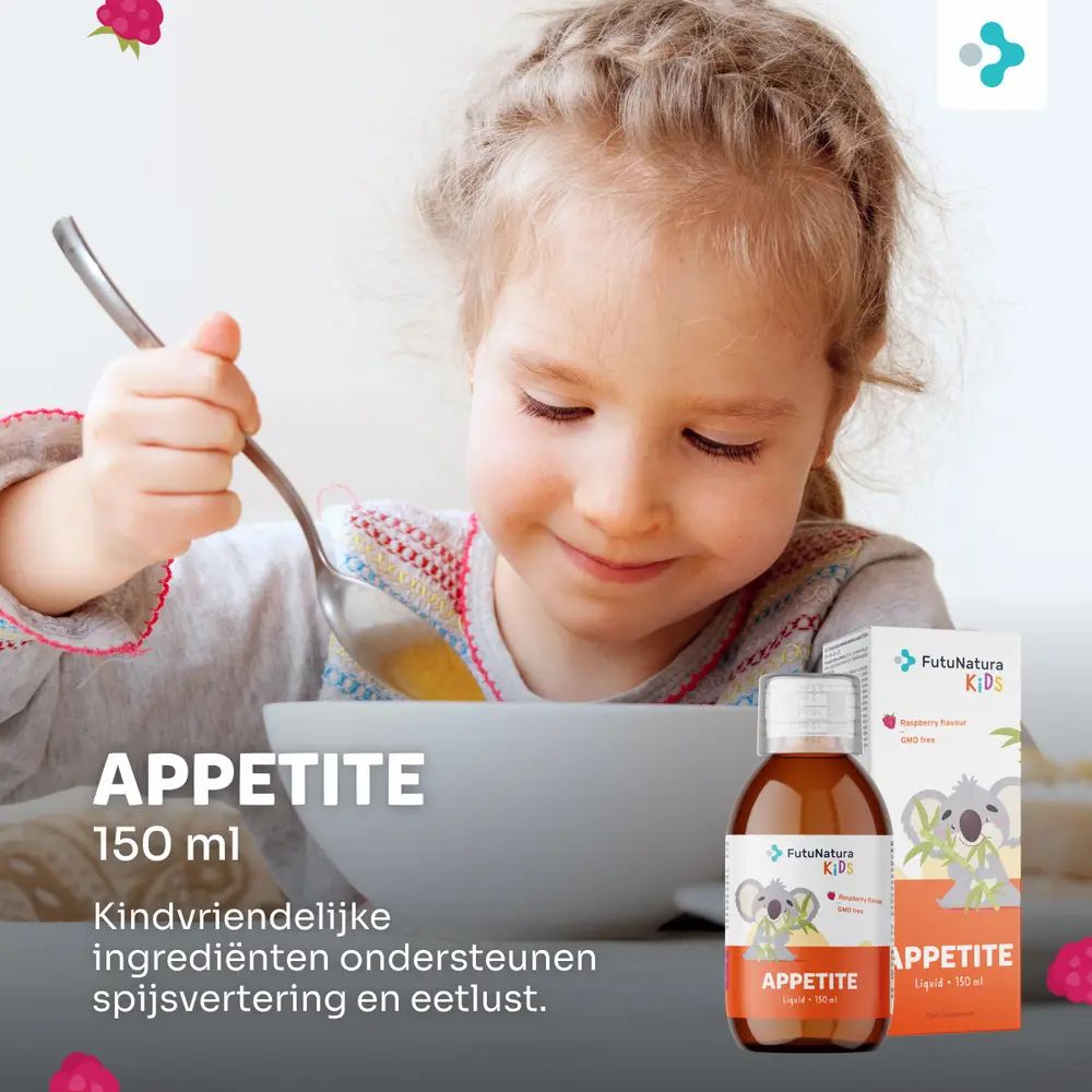 Kind eet. Fles en verpakking van FutuNatura Kids Appetite. Fles met etiket en koala-illustratie. Doos.