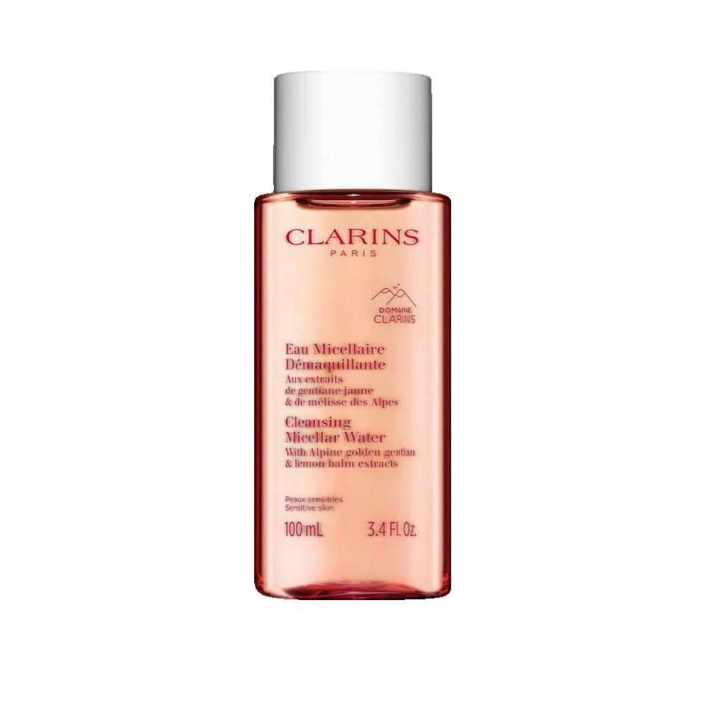 Roze fles met witte dop. Opschrift: Clarins, Eau Micellaire Démaquillante, Cleansing Micellar Water.