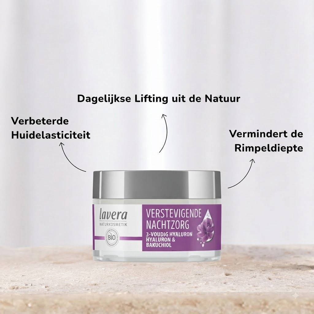Lavera nachtverzorging pot met zilverkleurig deksel. Paars etiket met 'Verstevigende Nachtzorg' en Hyaluron & Bakuchiol.
