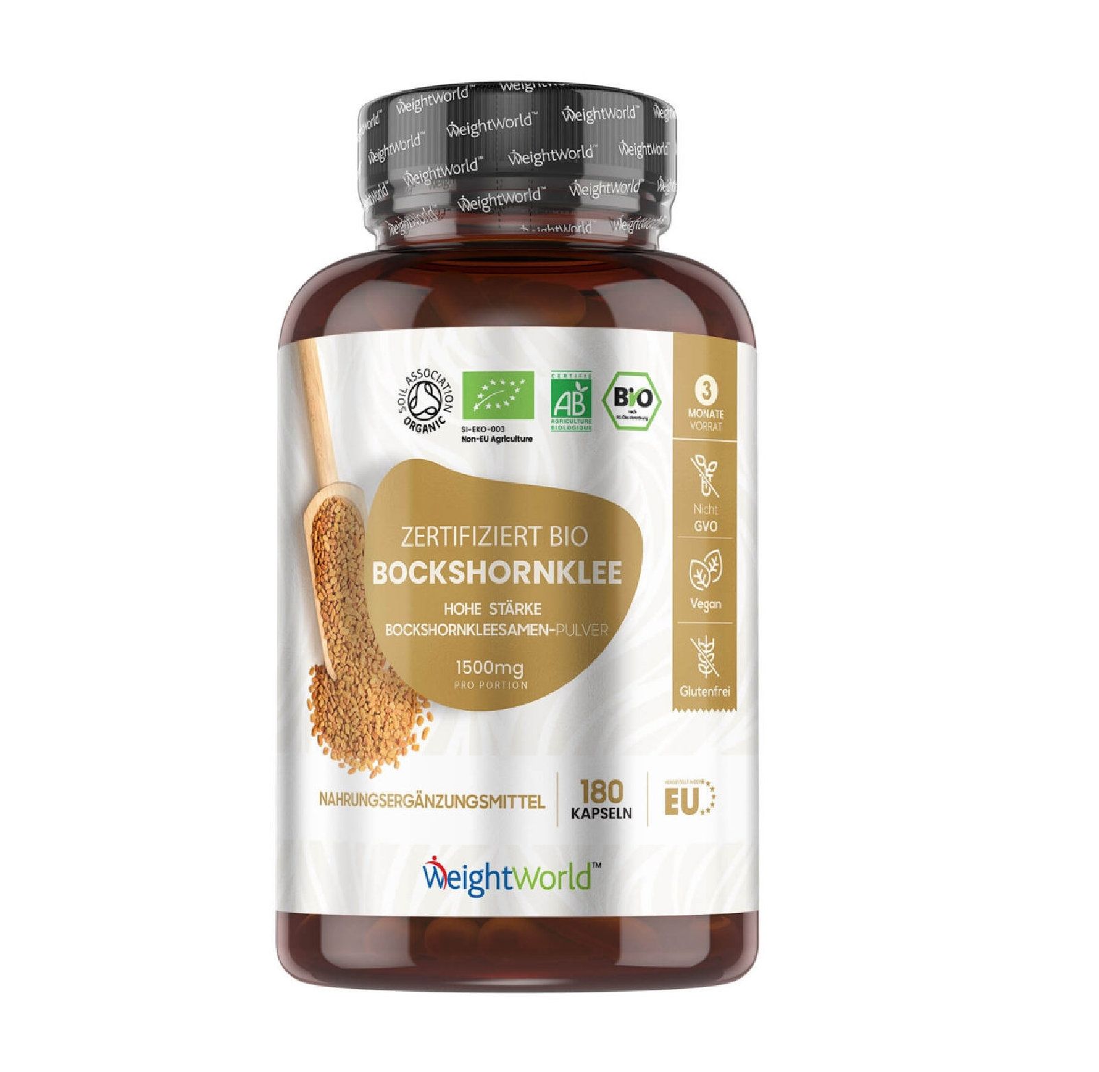 Bruine fles met capsules. Opschrift: ZERTIFIZIERT BIO BOCKSHORNKLEE, 1500mg, 180 capsules. Keurmerken: EU, AB, Bio.