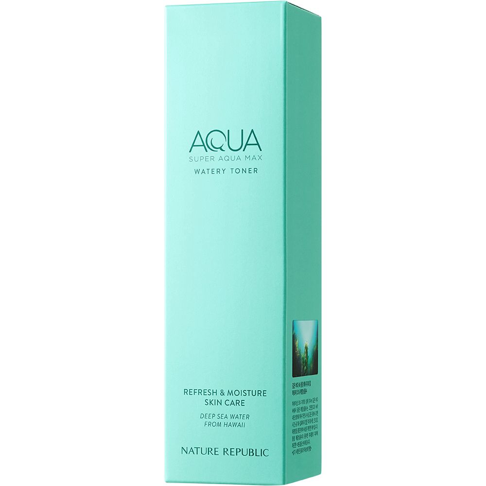 Emballage turquoise. Inscriptions: Aqua Super Aqua Max Watery Toner, Refresh & Moisture Skin Care, Nature Republic.