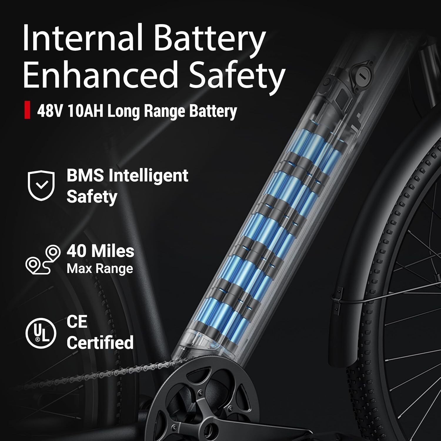 Elektrische fiets met interne batterij, 48V 10AH. BMS-veiligheid, 40 mijl bereik, CE-gecertificeerd. Zwarte fiets met transparant batterijcompartiment.