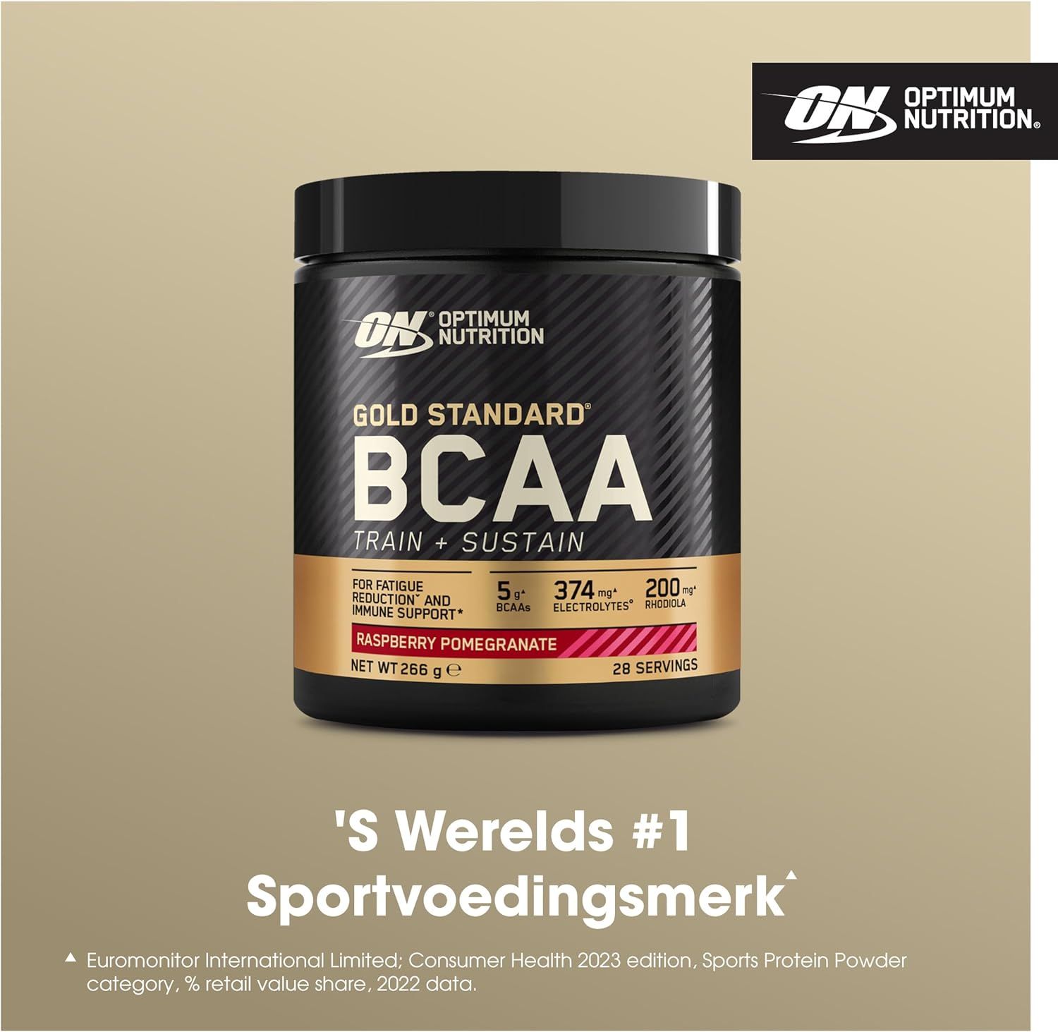Optimum Nutrition BCAA Train+Sustain Framboos-Granaatappel pot op beige achtergrond.