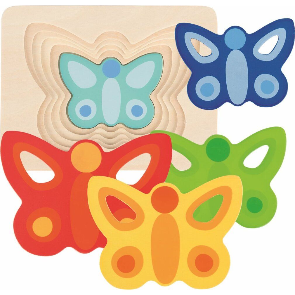 Puzzle Goki farfalla, 5 couches. Puzzle en bois avec 4 papillons colorés. Un papillon dans la base. Multicolore.