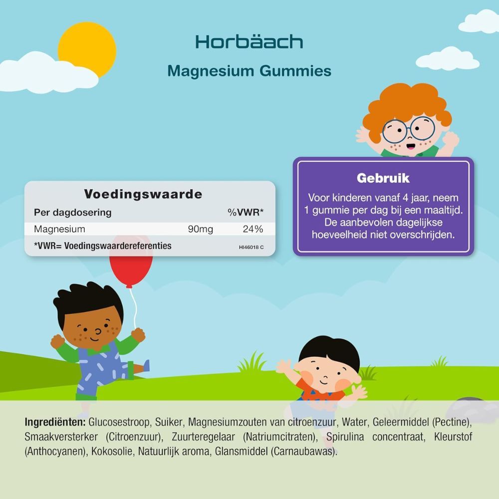 Horbaach Kinder Magnesium Gummies. Paarse fles met gummies. 60 gummies, 90mg, aardbeiensmaak. Vegan.