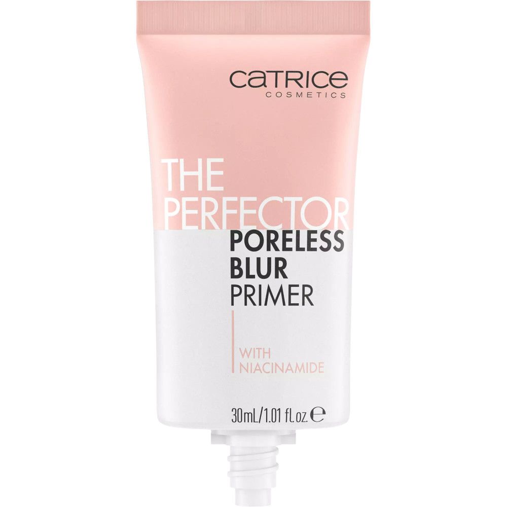 Tube rose et noir. Inscription: Catrice, THE PERFECTOR PORELESS BLUR PRIMER, avec Niacinamide. 30ml/1.01 fl oz e. Tube ouvert.