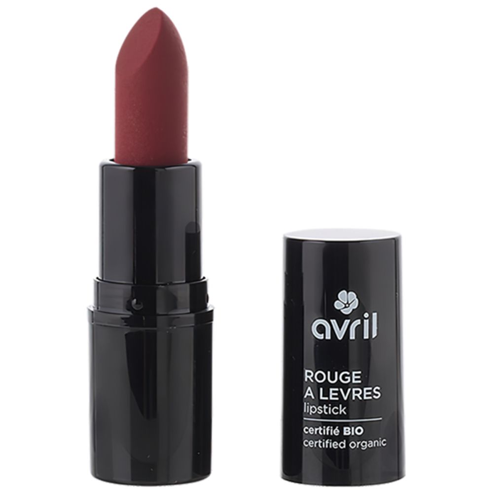 Rouge à lèvres noir avec capuchon ouvert. Inscription : Avril, Rouge à Lèvres, certifié BIO.