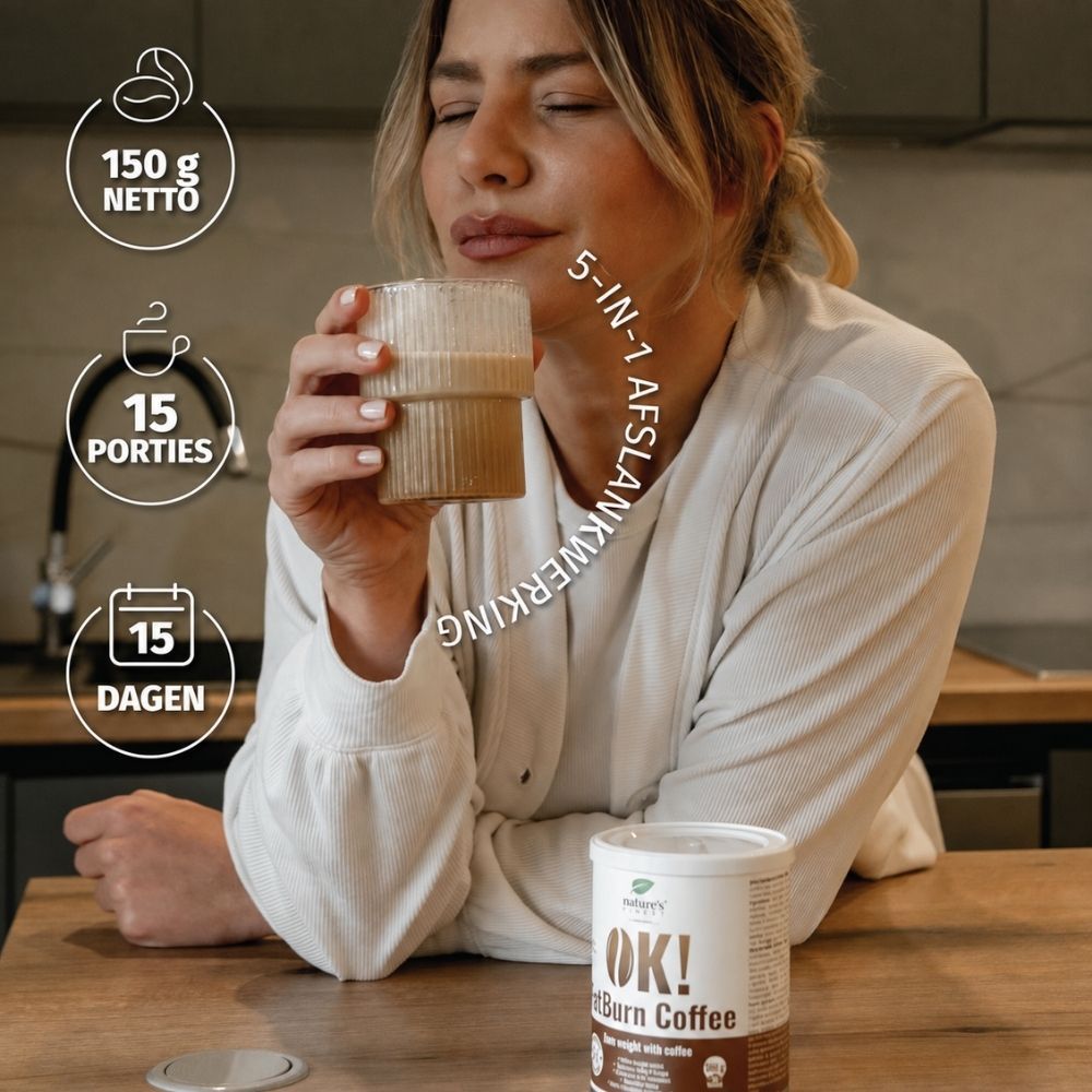 Blik OK!FatBurn Coffee met 5in1 actie en iconen voor voordelen.