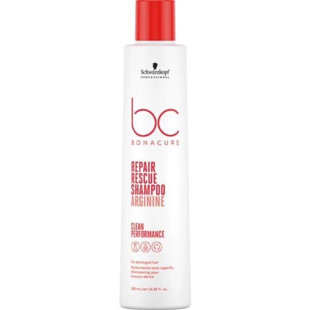 Witte shampoo met rode dop. Opschrift: BC Bonacure Repair Rescue Shampoo Arginine. Voor beschadigd haar.