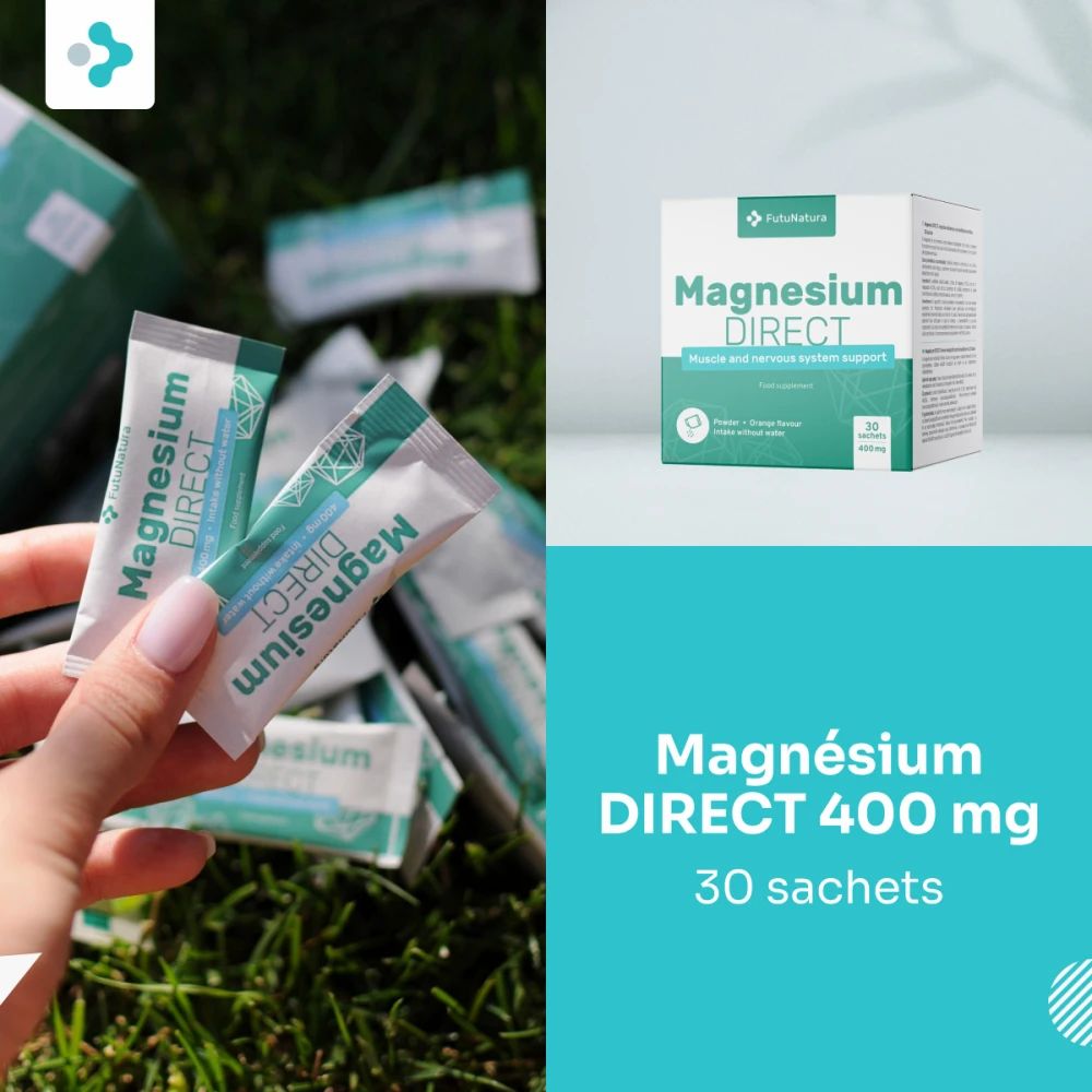 Mains tenant des sachets de Magnesium DIRECT. Boîte en arrière-plan. Inscription Magnesium DIRECT 400 mg.