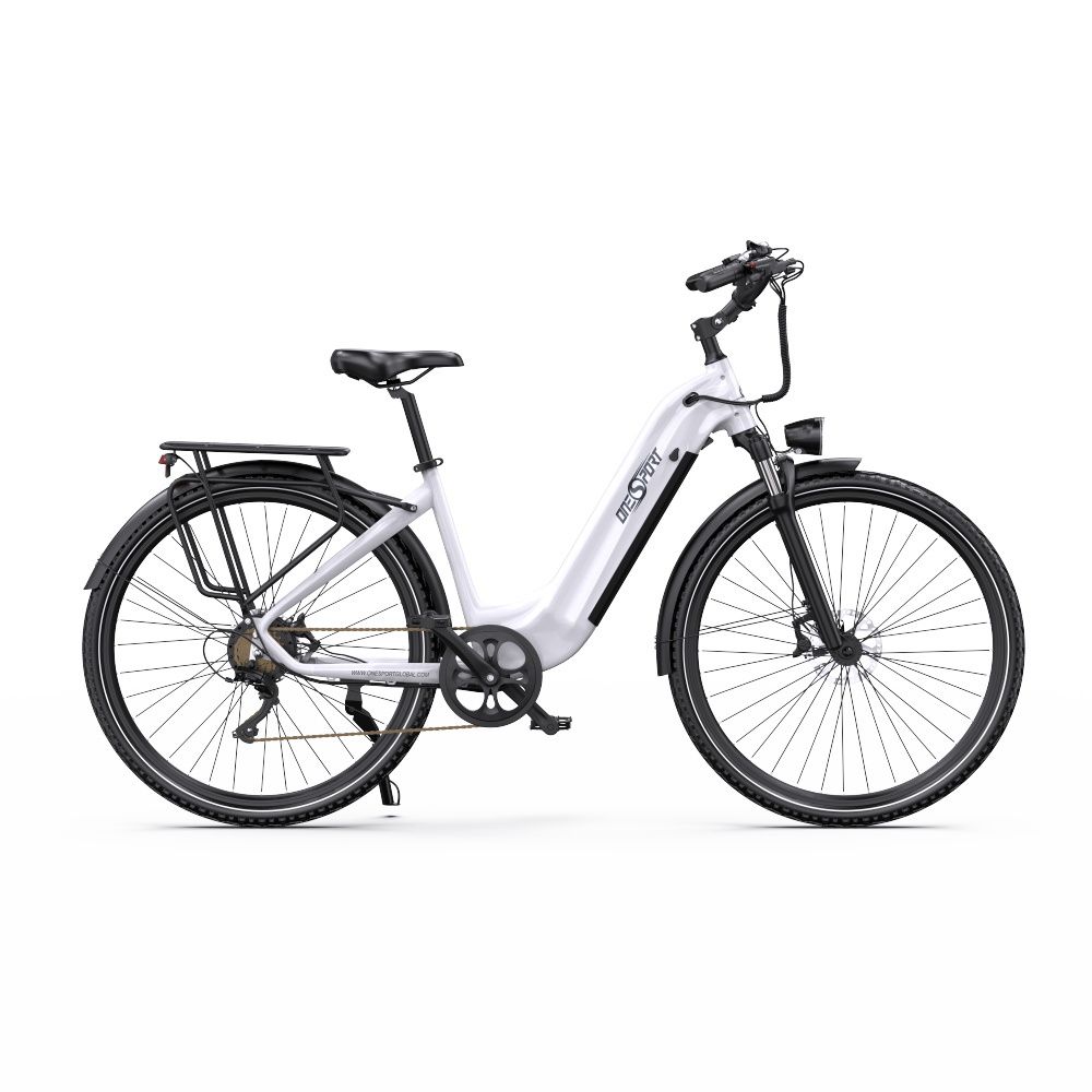 Vélo électrique blanc avec pneus et détails noirs. Logo Onesport sur le cadre. Porte-bagages et phare.