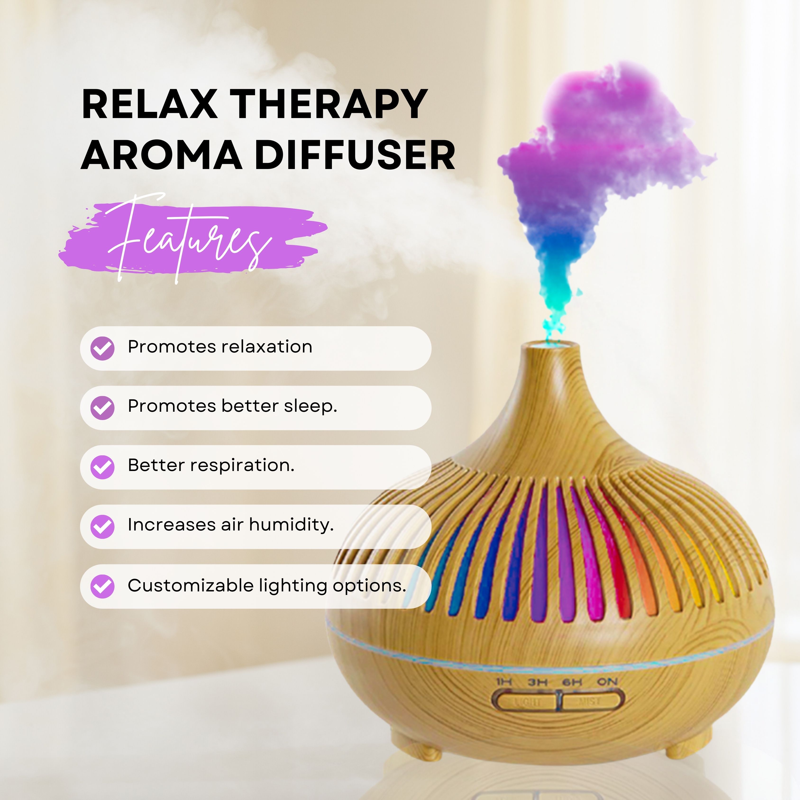 Houtkleurige aroma diffuser met kleurrijke verlichting en een lijst met voordelen.