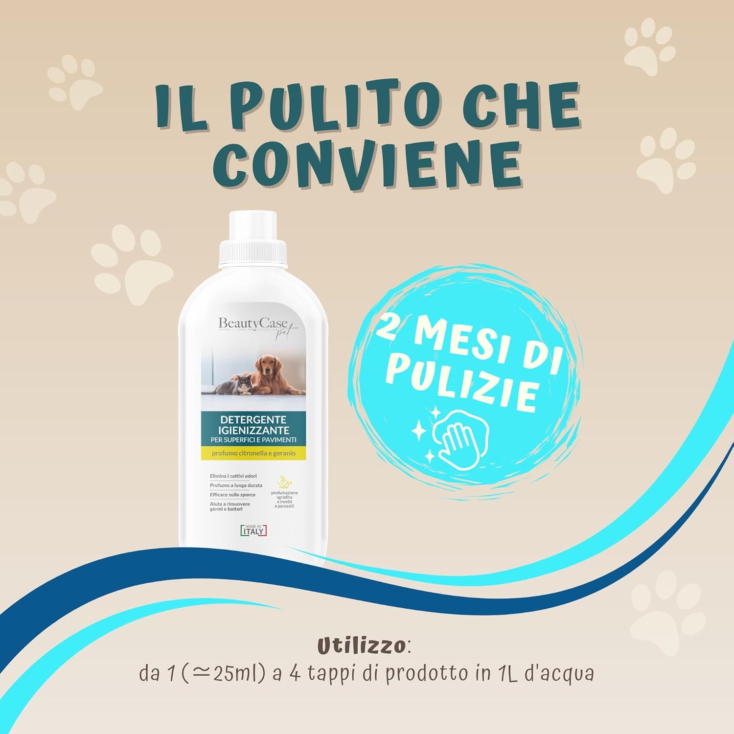 Image publicitaire avec flacon de détergent. Texte: Il pulito che conviene, 2 mesi di pulizie. Utilisation: 1-4 bouchons dans 1L d'eau.