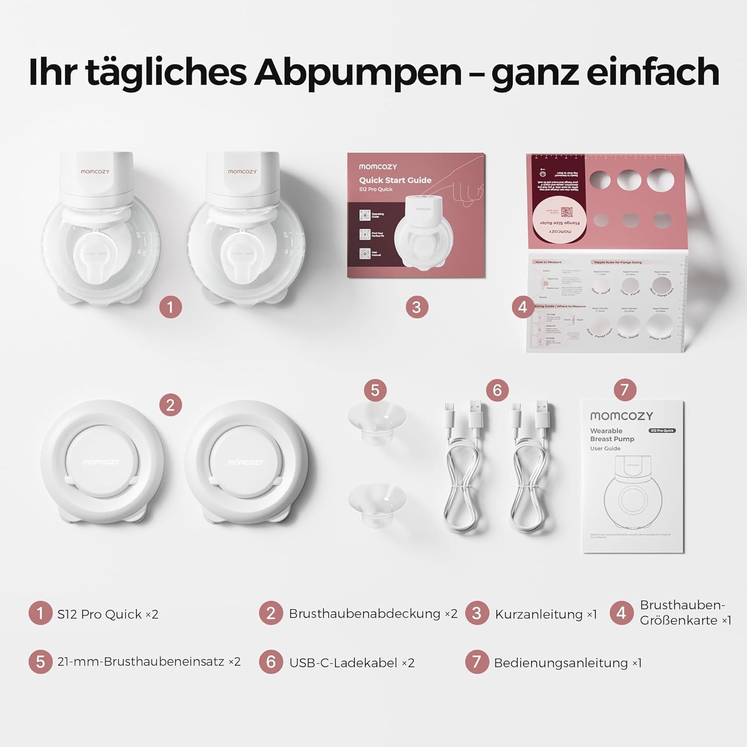 Momcozy S12 Pro Quick borstkolfset met handleiding en maattabel.