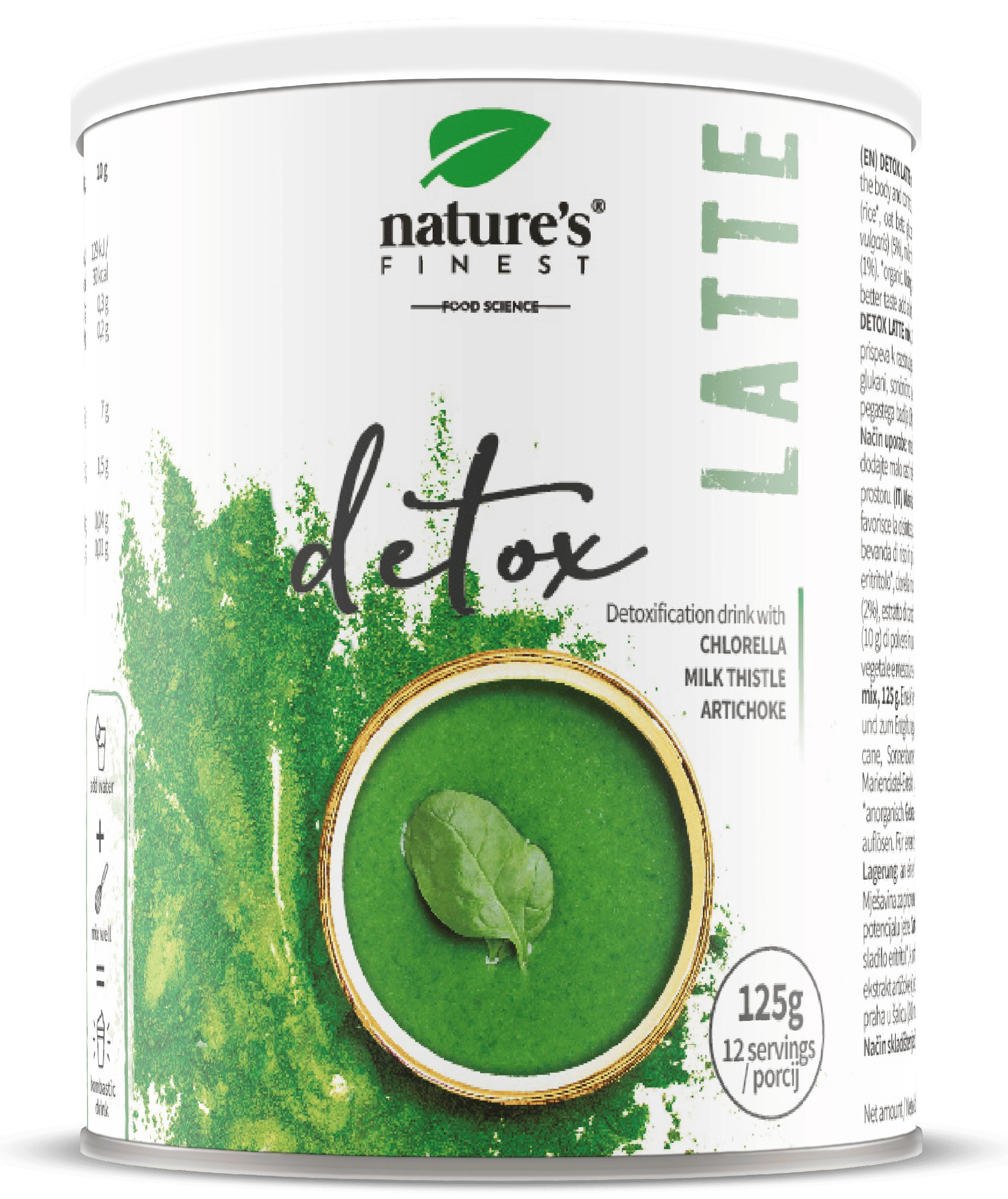 Boîte blanche avec impression verte. Inscription : Nature's Finest Detox Latte. Image d'un liquide vert avec une feuille.