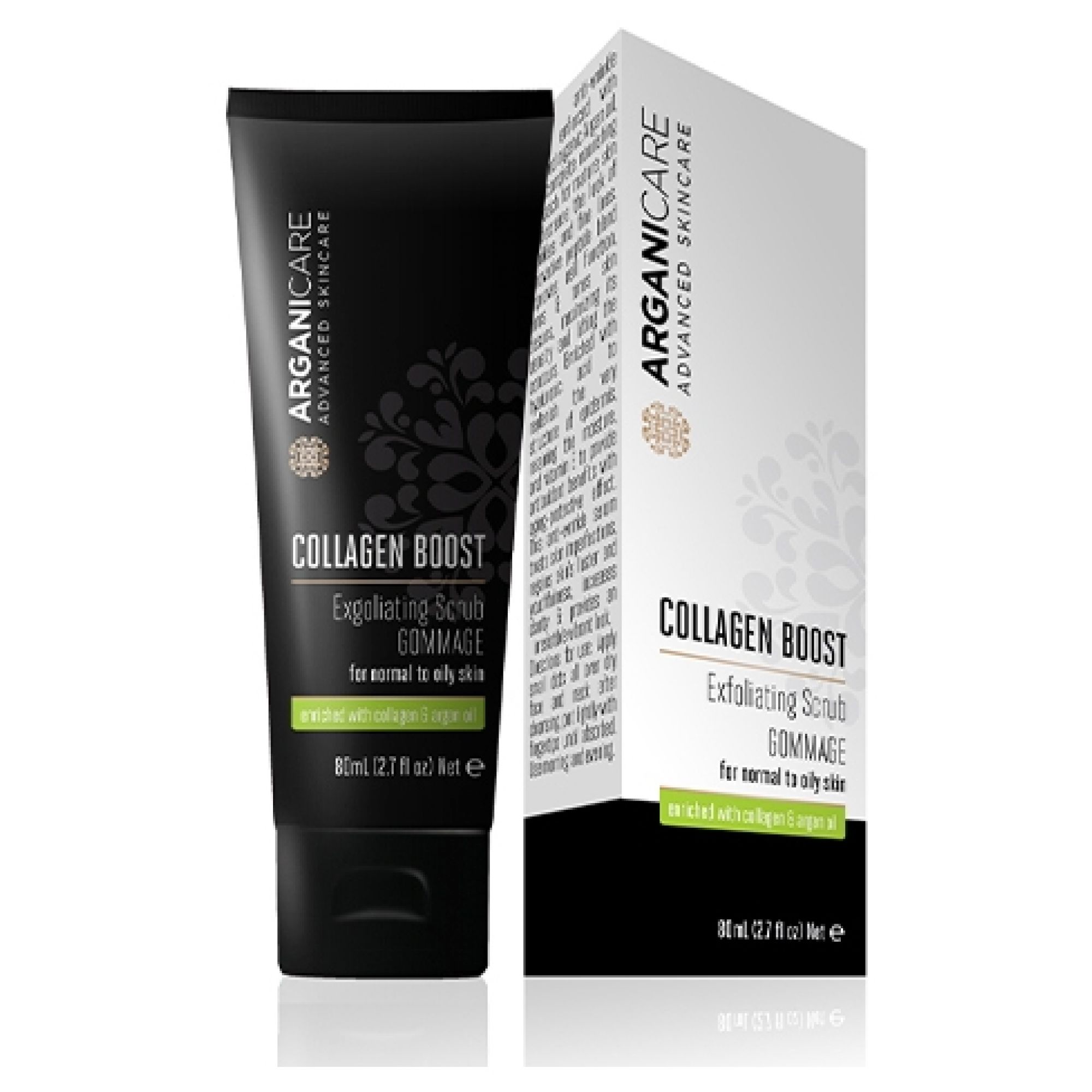 Arganicare Collagen Boost Gommage visage tube et boîte. Pour peaux normales à grasses.