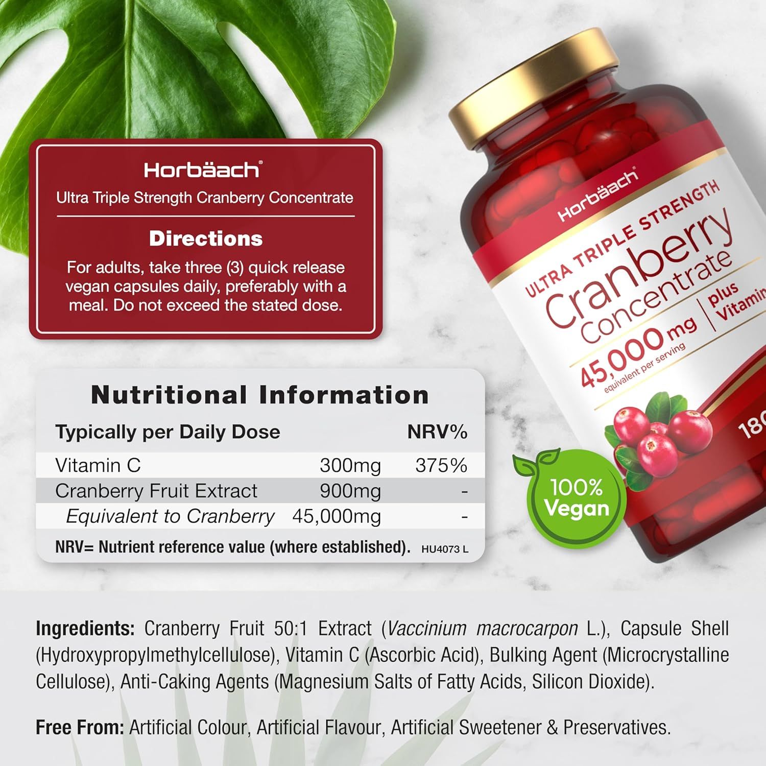 Fles met rode capsules. Opschrift: Horbaach, Cranberry Concentrate, 45.000 mg plus vitamine C, 180 capsules. Vegan.