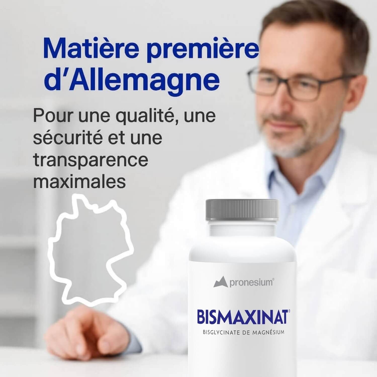 Homme en blouse blanche. Flacon BISMAXINAT. Texte : Matière première d'Allemagne.
