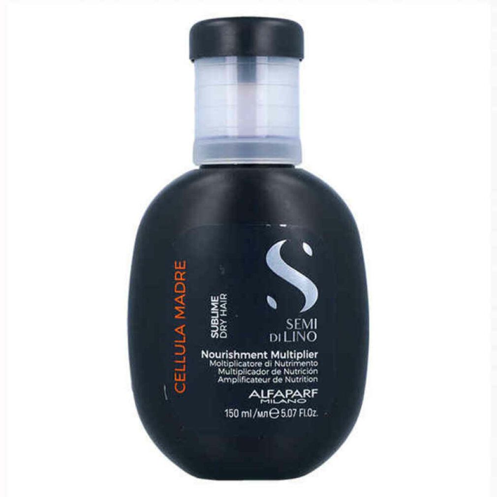 Zwarte fles met vloeistof. Opschrift: Semi Di Lino, Nourishment Multiplier, Alfaparf Milano. 150 ml.