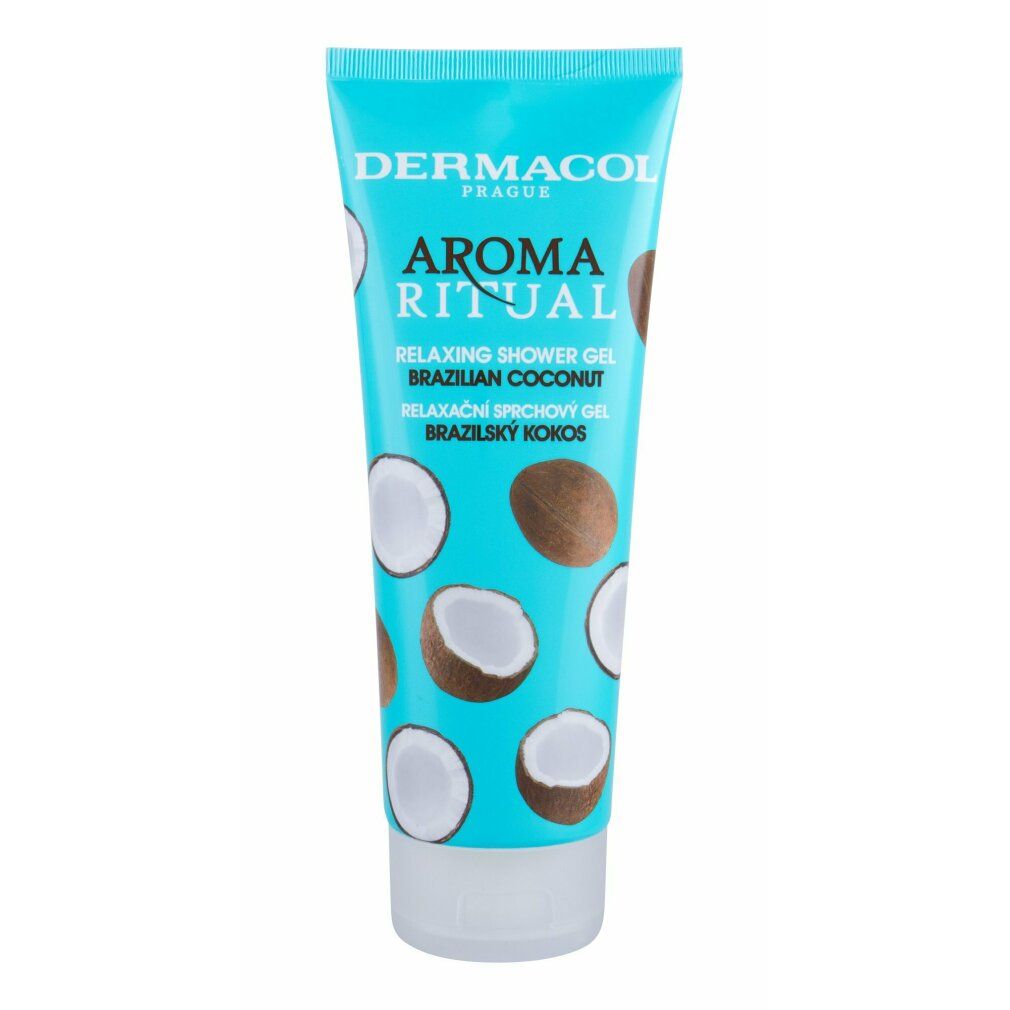 Tube turquoise avec motifs noix de coco. Inscription: Dermacol Aroma Ritual Relaxing Shower Gel Brazilian Coconut.