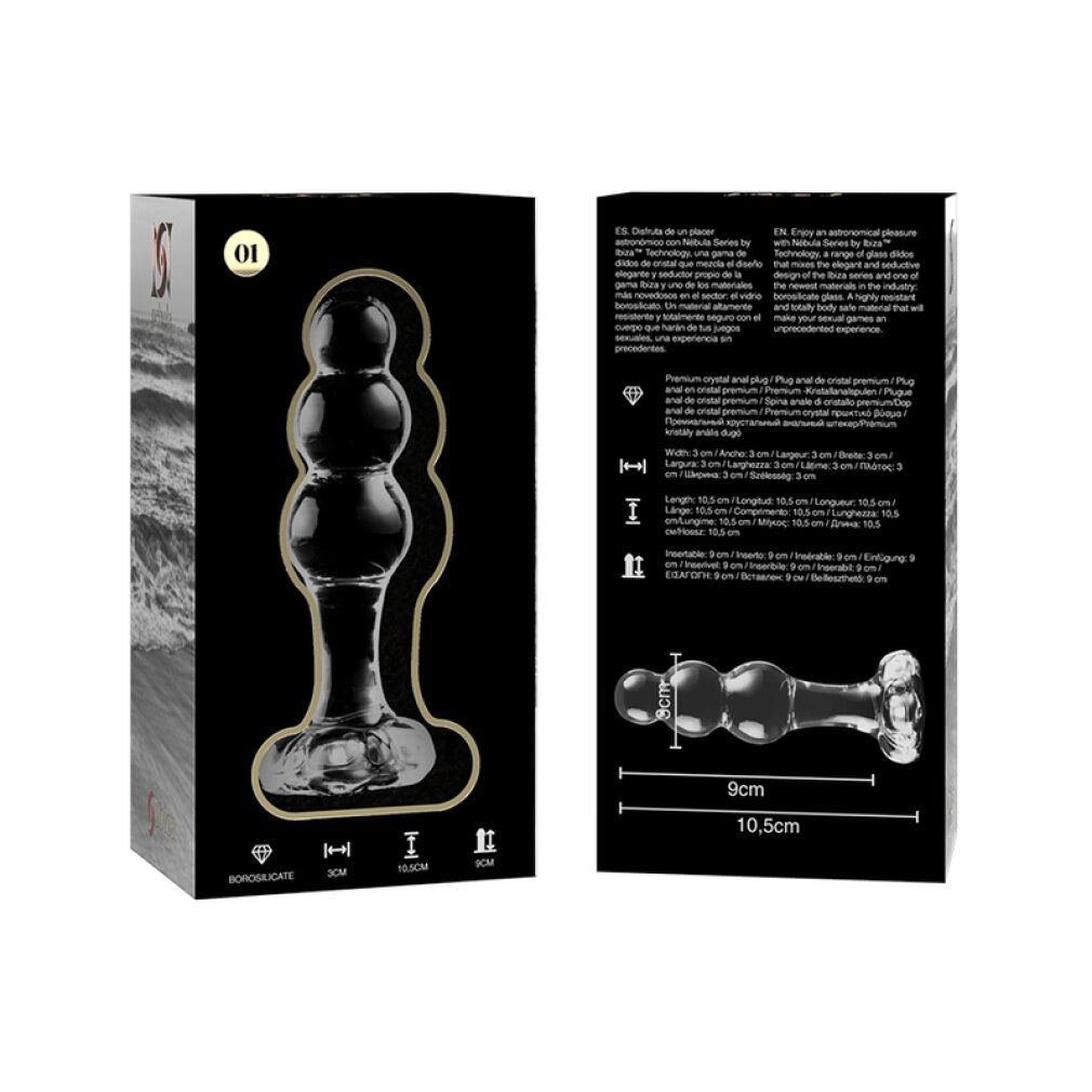 Verpakking met weergaven van een duidelijke glazen anale plug. Afmetingen zichtbaar.