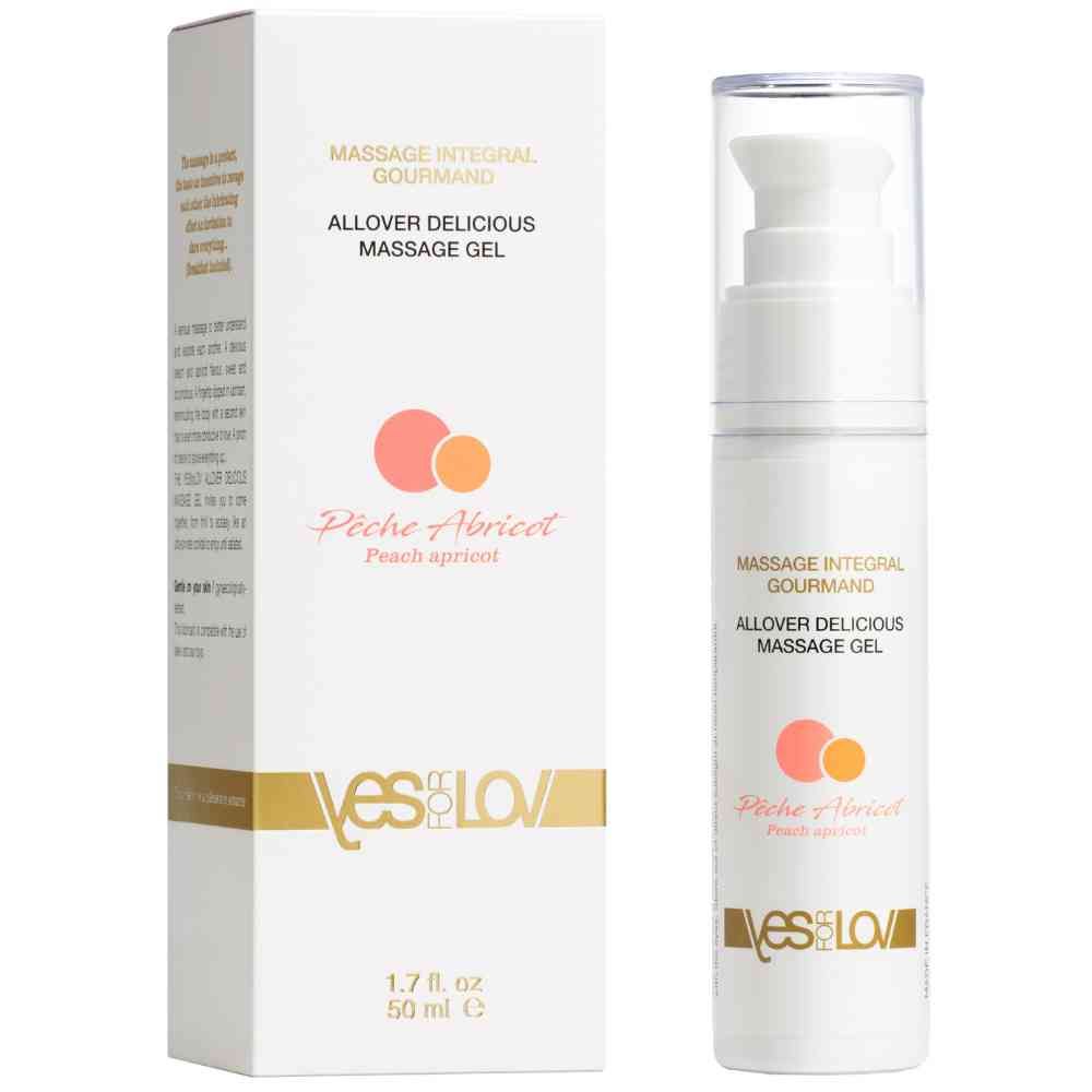 YESforLOV Allover Delicious Massage Gel perzik abrikoos geur, 50 ml fles met pompdispenser en verpakking.
