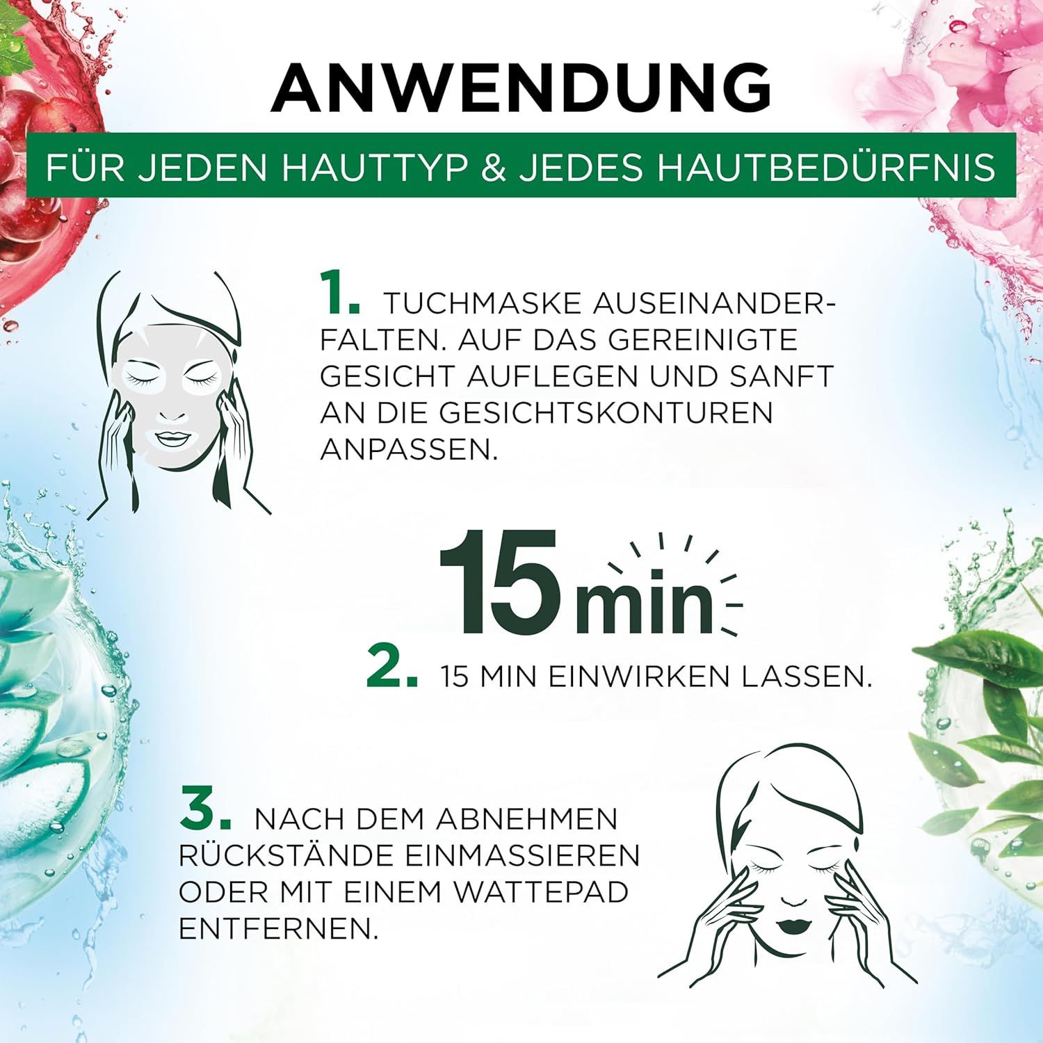 Instructions d'utilisation des masques en tissu. Étapes : Déplier, appliquer, laisser agir 15 minutes, masser ou retirer.