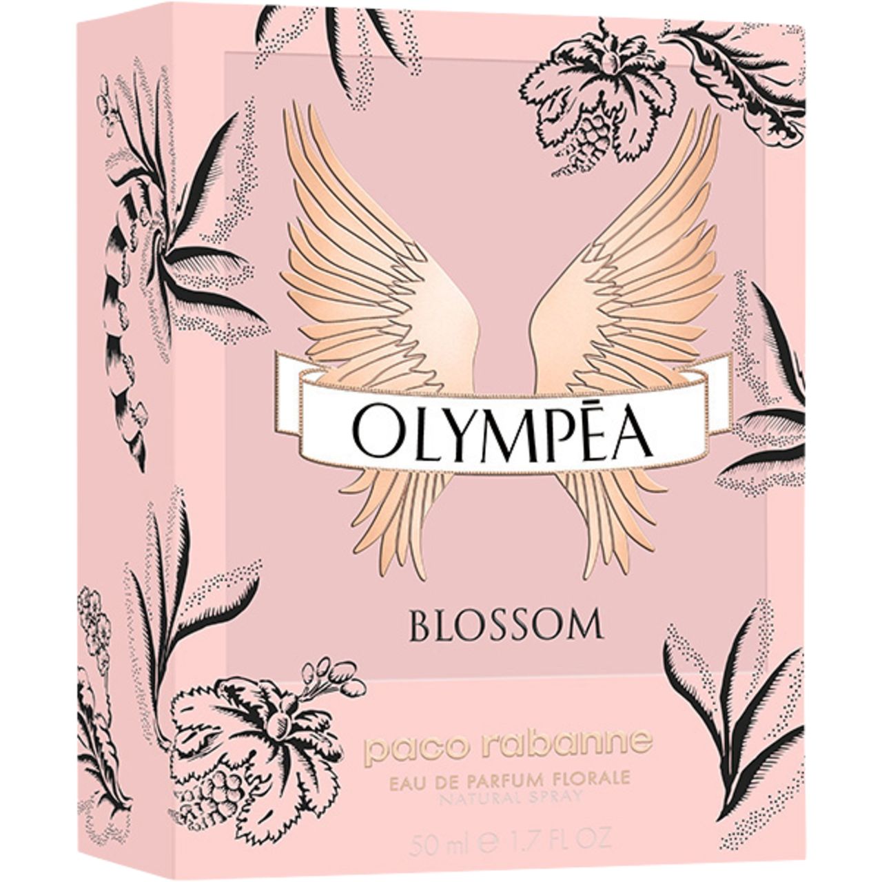 Emballage rose avec motif d'ailes et inscription Olympéa Blossom. Ornements noirs et dorés.