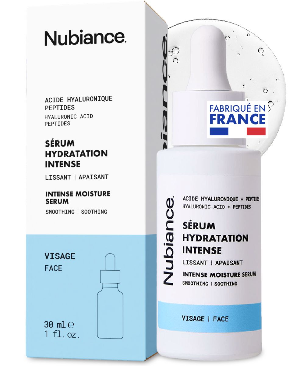 Flacon blanc avec pipette et emballage. Inscription: Nubiance, Sérum Hydratation Intense. Fabriqué en France.