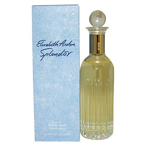 Flacon et boîte Elizabeth Arden Splendor. Flacon avec col argenté et bouchon boule. Boîte bleue avec texte.