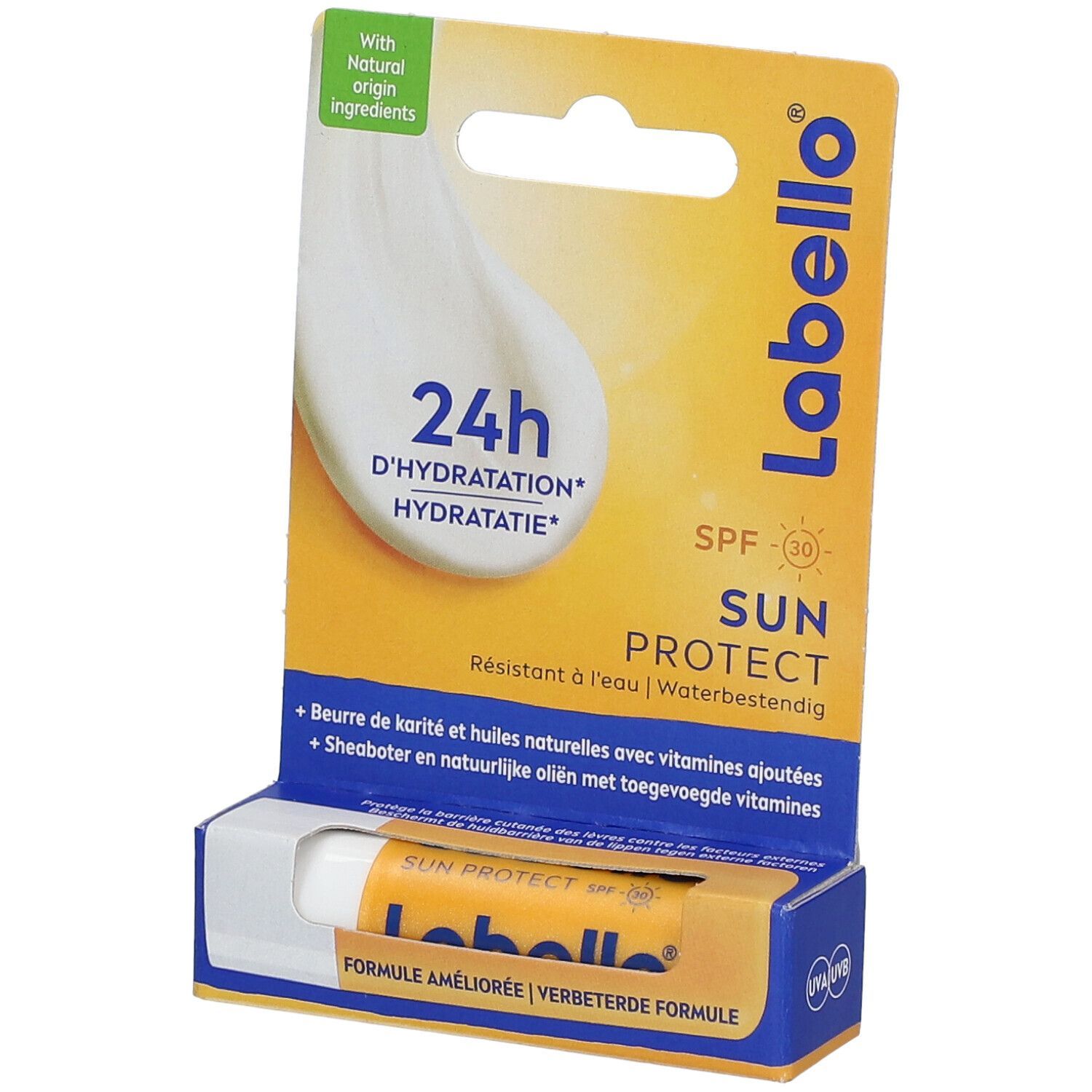 Labello Sun Protect SPF30 en emballage avec baume à lèvres.