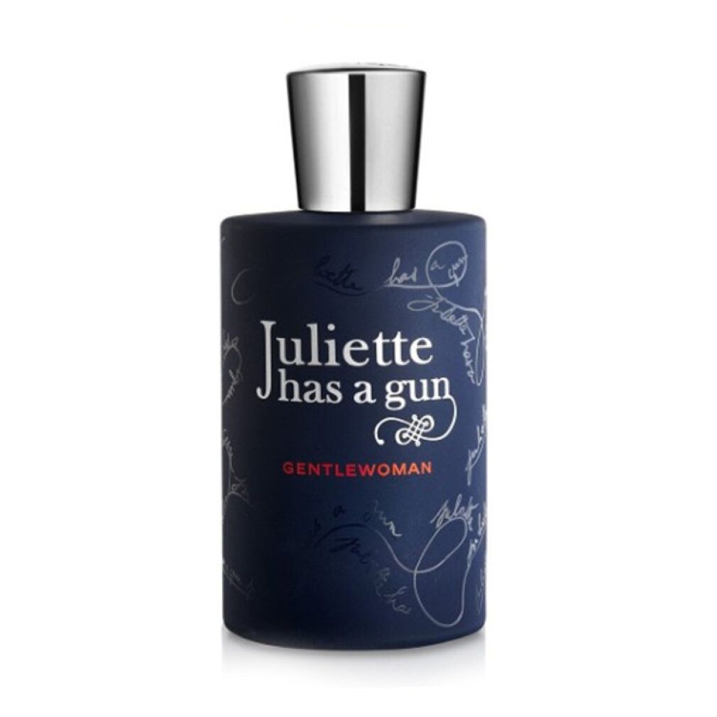 Donkerblauwe fles met zilveren dop. Opschrift: Juliette has a gun, Gentelwoman. Witte letters en versieringen.
