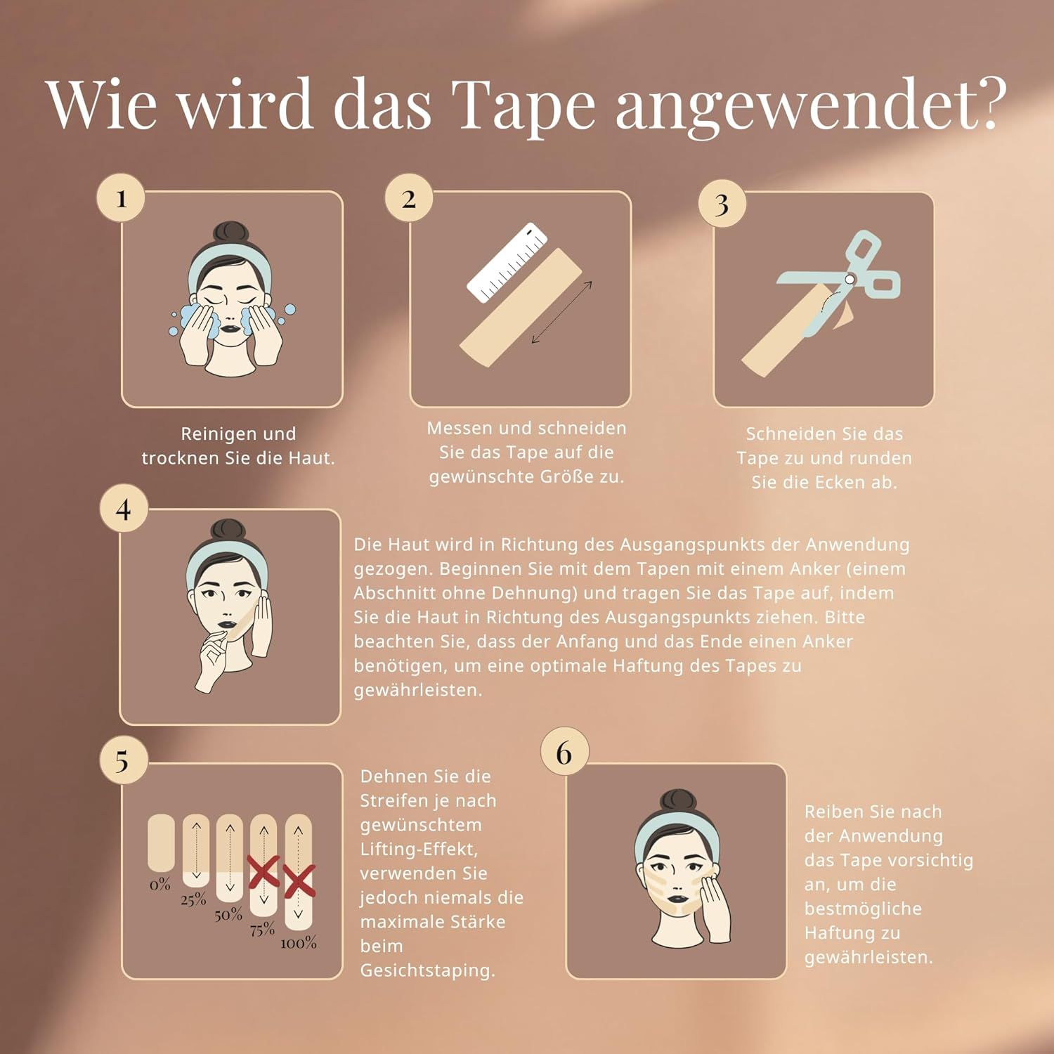 Stap-voor-stap instructies voor het aanbrengen van Kinesio Tape op het gezicht.