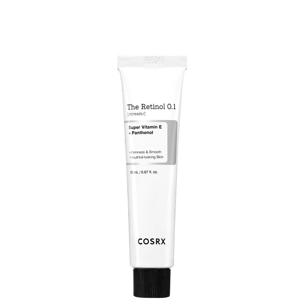Tube blanc avec bouchon noir, étiqueté 'The Retinol 0.1 Cream' et 'COSRX'.