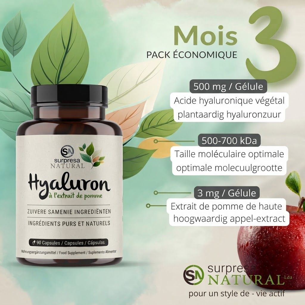 Bouteille de capsules Surpresa Natural Hyaluron avec extrait de pomme. Pack économique 3 mois. Hyaluron, extrait de pomme.