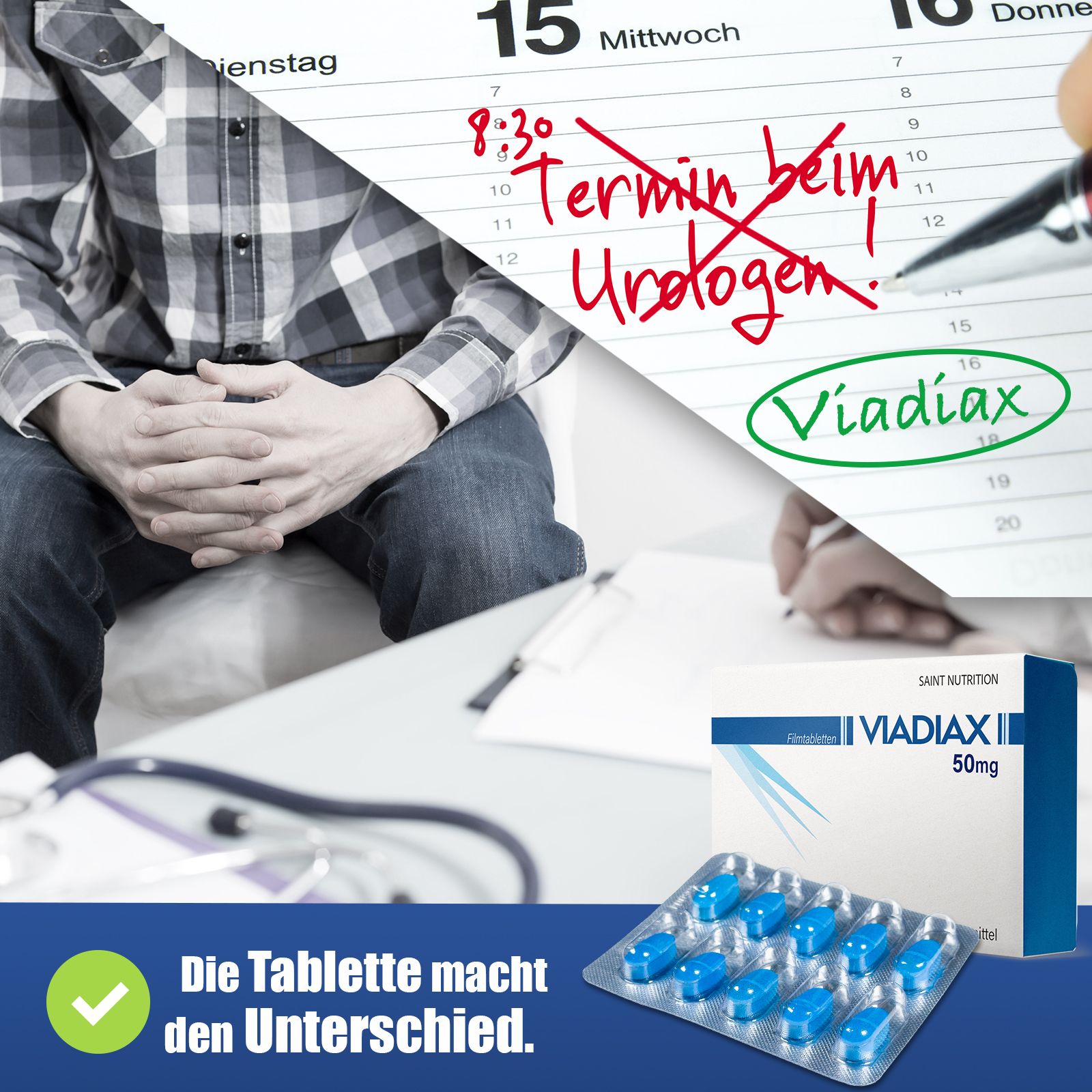 Calendrier avec rendez-vous chez l'urologue barré. Boîte et blister de Viadiax® Filmtabletten. Texte : La pilule fait la différence.
