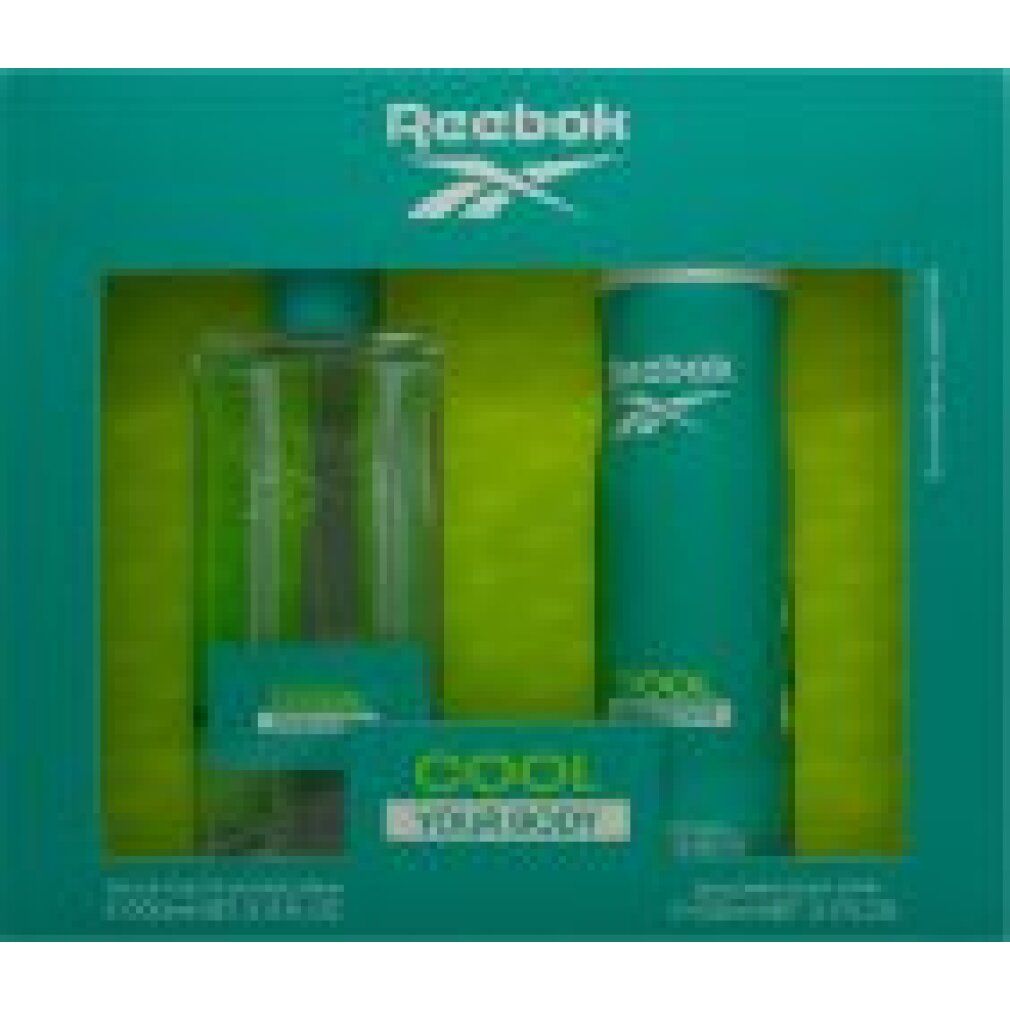Coffret Reebok Cool Your Body. Eau de toilette et déodorant dans un emballage turquoise. Logo et inscription Cool Your Body.