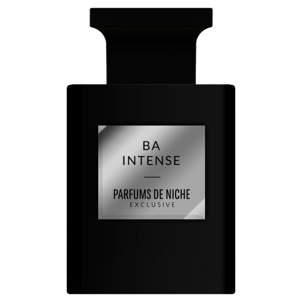 Flacon de parfum noir avec étiquette argentée indiquant BA INTENSE et PARFUMS DE NICHE.