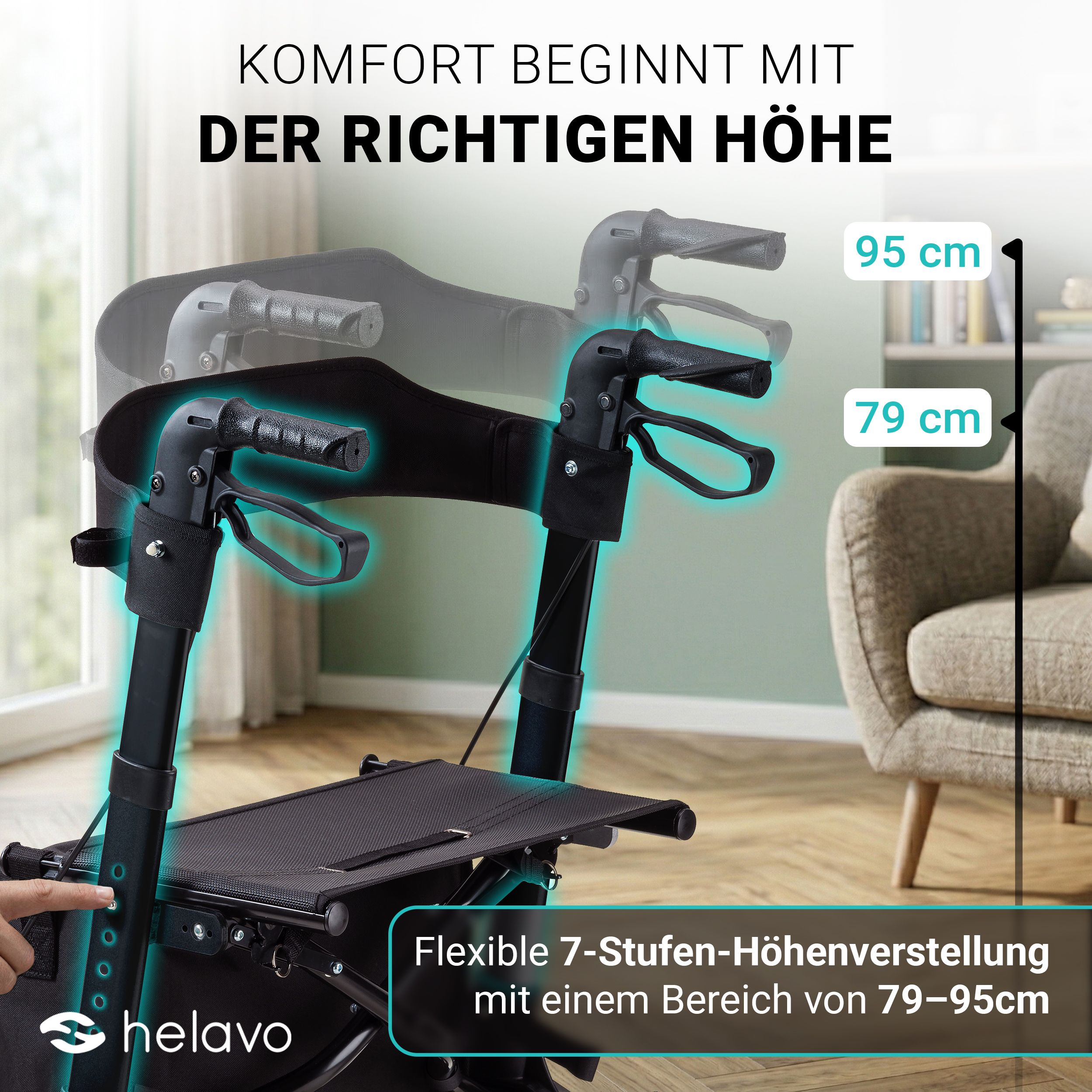 Réglage en hauteur d'un rollator Helavo de 79 cm à 95 cm en 7 étapes.
